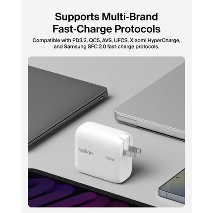 Cargador de Pared USB-C Belkin 100W con Tecnología GaN y Cable USB-C 4.9 ft