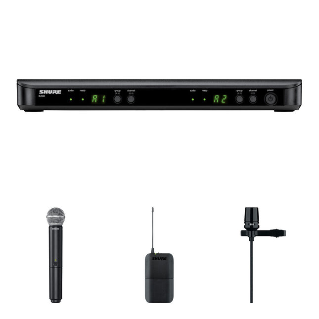 Shure BLX1288/SM58 Sistema Inalámbrico Doble Canal Micrófono Lavalier y Mano 300' Alcance 14 Horas Batería