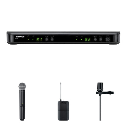 Shure BLX1288/SM58 Sistema Inalámbrico Doble Canal Micrófono Lavalier y Mano 14 Horas Batería 300 Pies Alcance