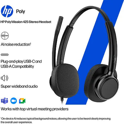 HP POLY Mission 425 Auriculares USB estéreo con micrófono AI y earpads de cuero
