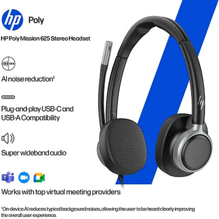 HP POLY Mission 625 Auriculares USB Estéreo 32mm Cancelación Ruido con Estuche