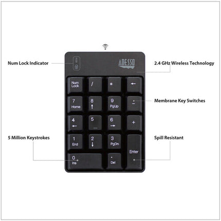 Adesso 18 Teclas Teclado Numérico Inalámbrico 2.4 GHz Compacto Silencioso
