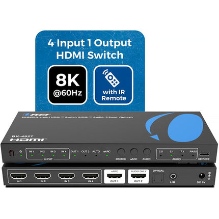 OREI 8K60 4x1 HDMI Matrix Switcher con audio extracto y eARC 8K60 UHD 4K120