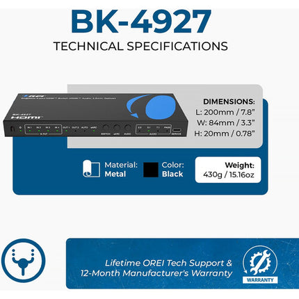 OREI 8K60 4x1 HDMI Matrix Switcher con audio extracto y eARC 8K60 UHD 4K120