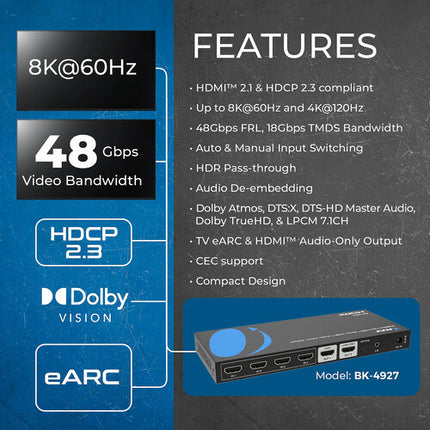 OREI 8K60 4x1 HDMI Matrix Switcher con audio extracto y eARC 8K60 UHD 4K120