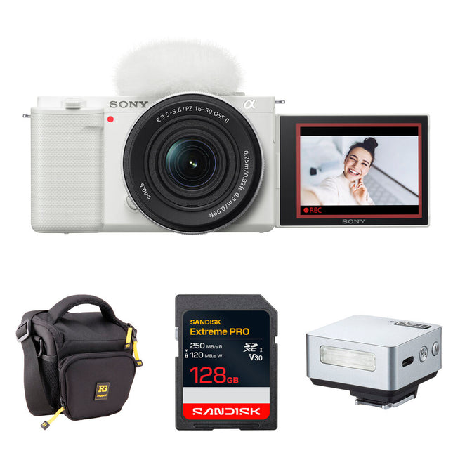 Sony ZV-E10 Cámara Sin Espejo 24.2MP 4K 16-50mm Flash Kit Blanco