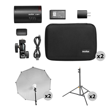 Godox AD100pro Kit de Flash de Bolsillo 2 Luces 100Ws con Paraguas Suave y Soportes 2.4m