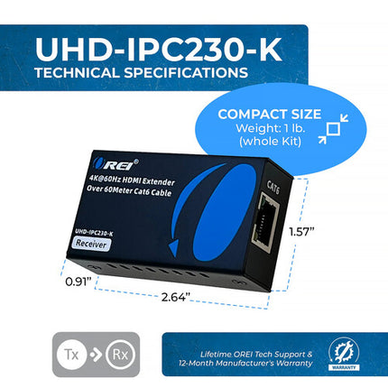OREI Extensor HDMI 4K60 con IR hasta 230 pies con transmisor y receptor