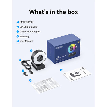 EMEET SmartCam S600L Webcam 4K 8MP con Luz Anular RGB y Autofocus Rápido