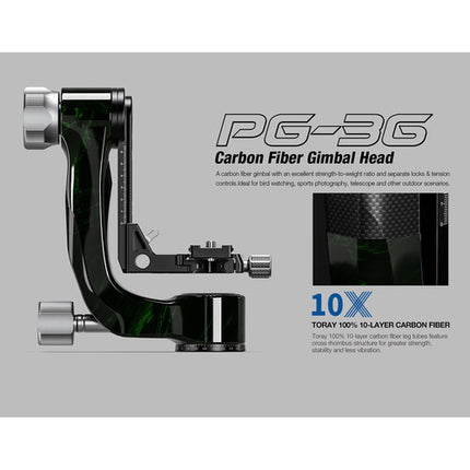 Leofoto PG-3 Cabezal Gimbal Fibra de Carbono 55 lb 9.25" Verde