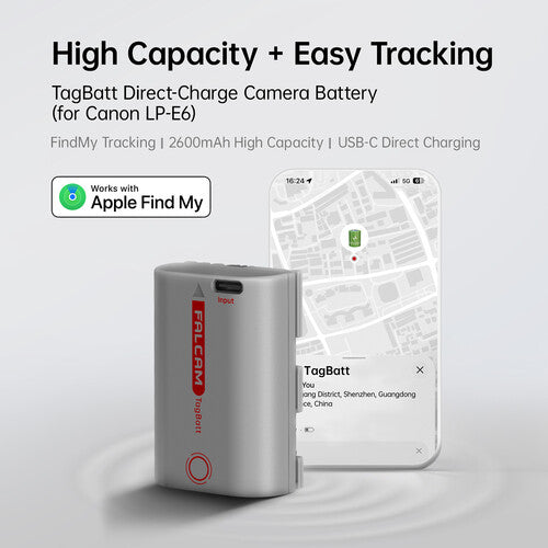 Falcam TagBatt Batería LP-E6 2600mAh USB-C con Protección y Tracking Apple