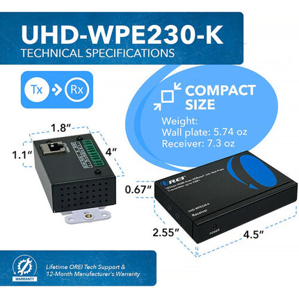 OREI Extensor HDMI sobre HDBaseT 4K60 4:4:4 230' con Placa de Pared TX