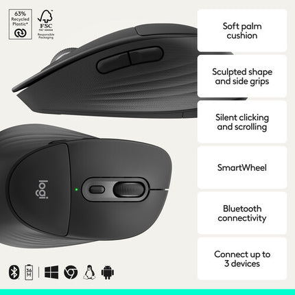 Logitech Signature Comfort Plus M850 L Ratón Inalámbrico Negro 4000 dpi Bluetooth 5.2 LE