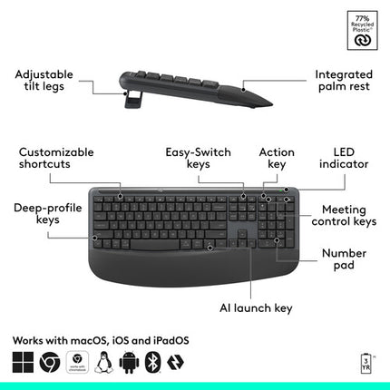Logitech Signature Comfort Plus MK880 Teclado y Ratón Inalámbrico Bluetooth 5.2 Alcance 10m Graphite