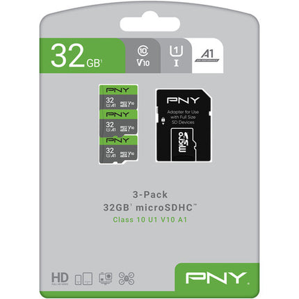 PNY 32GB microSDHC UHS-I Tarjeta de Memoria con Adaptador SD 3-Pack
