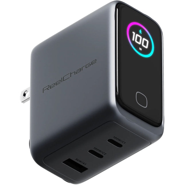 ReelCharge 3 en 1 Cargador USB 100W con pantalla inteligente 2 USB-C 1 USB-A