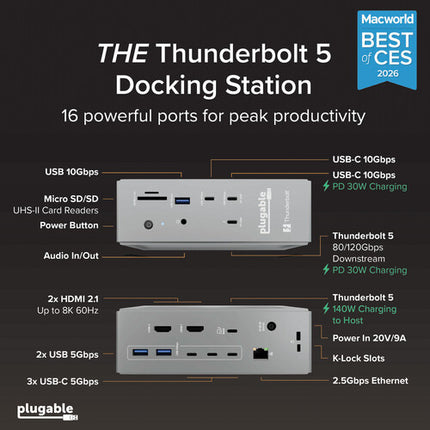 Plugable Thunderbolt 5 Docking Station Estación de Acoplamiento 140W Dual 8K Cable 80 Gb/s