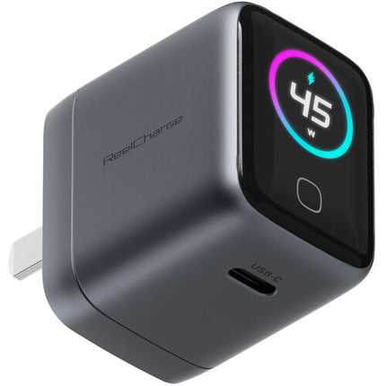 ReelCharge Cargador USB-C 45W con Pantalla TFT Multicolor y Enchufe Plegable