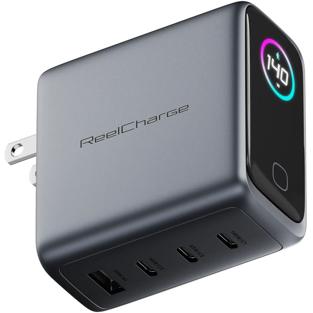 ReelCharge 4 en 1 Cargador USB 140W Pantalla TFT Multi Color Plegable