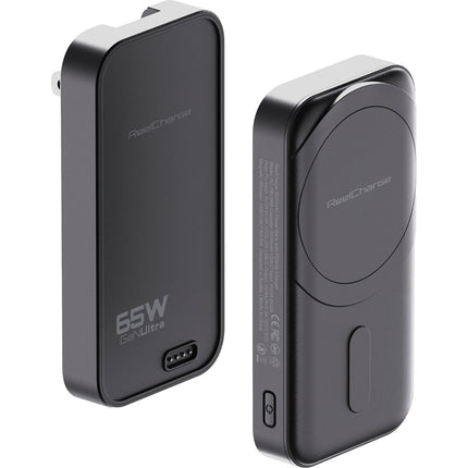 ReelCharge 2 en 1 Power Bank inalámbrico y cargador de pared 5000mAh 65W Negro