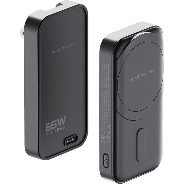 ReelCharge 2 en 1 Power Bank inalámbrico y cargador de pared 5000mAh 65W Negro