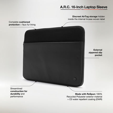 Incase A.R.C. Funda para portátil 16" Negra con revestimiento repelente al agua y almacenamiento oculto para AirTag