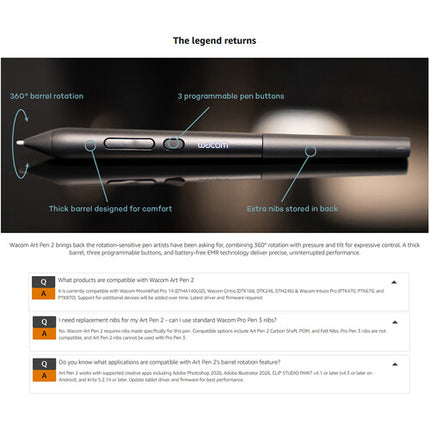 Wacom Art Pen 2 Lápiz Digital 8192 Niveles de Presión y 3 Botones Programables
