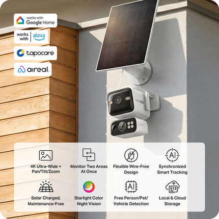 TP-Link Tapo C675D Cámara de Seguridad Solar Exterior Doble Lente UHD 4K Vista Panorámica y Zoom Kit Completo