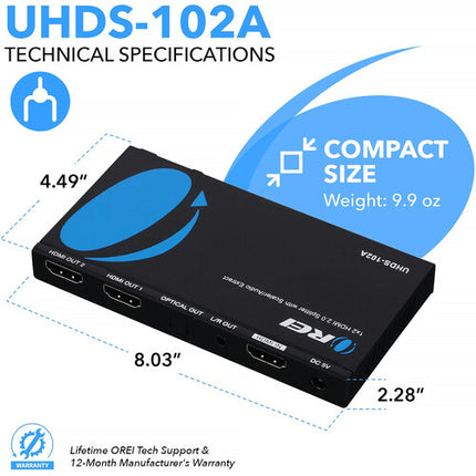 OREI 1x2 Divisor HDMI 4K60 con Downscaling 4K a 1080p y Extracción de Audio