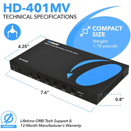 OREI Switch HDMI y VGA 4x2 UHD 4K30 Multiviewer Audio Extractor