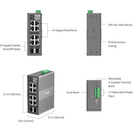 TP-Link Omada IES208G Switch Industrial Gestionado 8 Puertos Gigabit 16 Gb/s 11.9 Mpps Mounting Kit