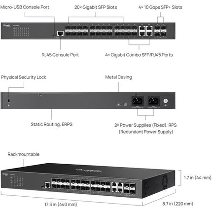TP-Link Omada Aggregation SG3428XF Switch de Red Gestionado 24 Puertos SFP 128 Gb/s 1+1 Fuente Redundante Rack