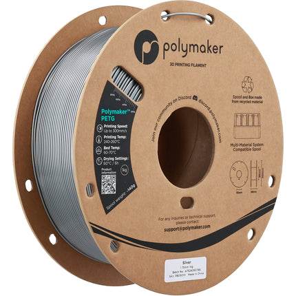 Polymaker 1.75mm PolyLite PETG Filamento 1kg Plateado 464-500°F velocidad 300mm/s