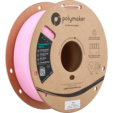 Polymaker 1.75mm PolyLite PETG Filamento 1kg Rosa Velocidad 300mm/s Temperatura 464°F