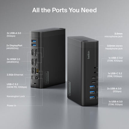 Belkin 16 Puertos USB-C Dock Triple Pantalla 4K60 USB 3.2 140W PD