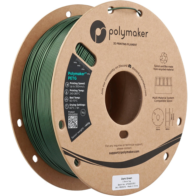 Polymaker 1.75mm PolyLite PETG Filamento 1kg Verde Oscuro 464-500°F velocidad hasta 300mm/s