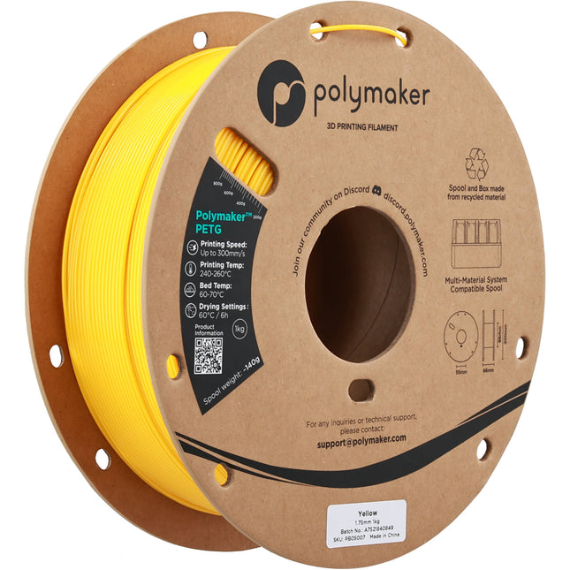 Polymaker PolyLite PETG Filamento 1.75mm 1kg Amarillo 464-500°F Velocidad 300mm/s