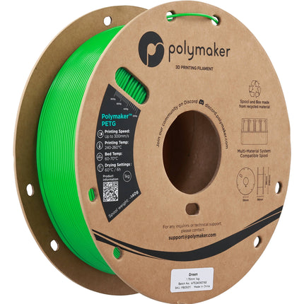 Polymaker 1.75mm PolyLite PETG Filamento 1kg Verde 464-500°F 300mm/s