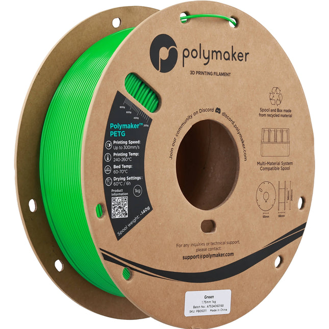 Polymaker 1.75mm PolyLite PETG Filamento 1kg Verde 464-500°F 300mm/s