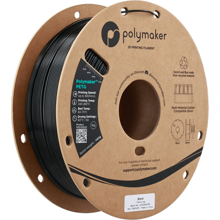 Polymaker PolyLite PETG Filamento 1.75mm 1kg Negro Temperatura 464-500°F Velocidad 300mm/s