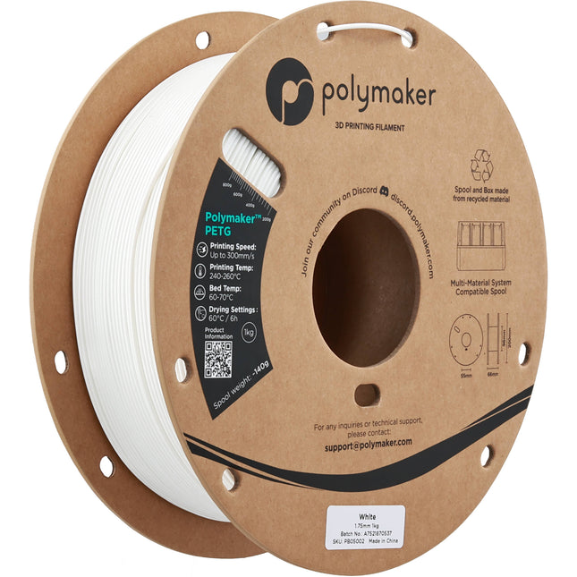 Polymaker Filamento PolyLite PETG 1.75mm 1kg Blanco Alta Precisión
