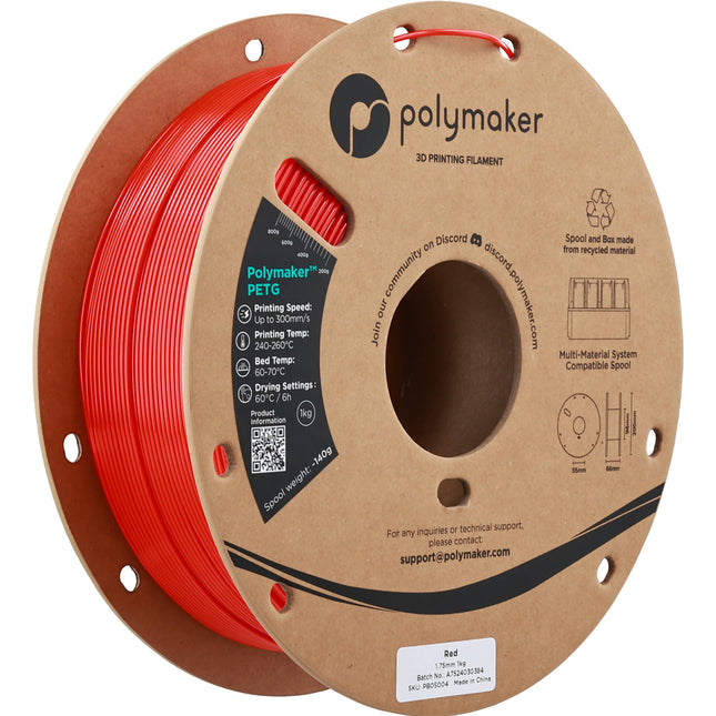 Polymaker PolyLite PETG Filamento 1kg Rojo 1.75mm impresión 464-500°F