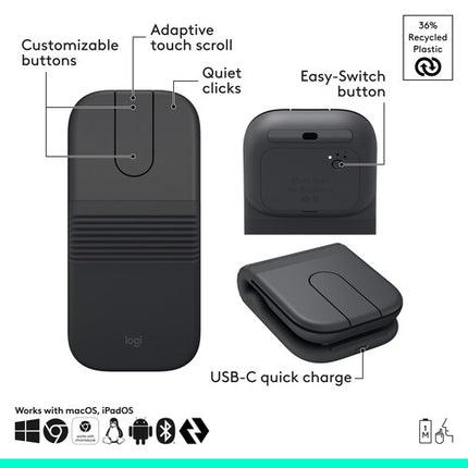 Logitech Mobi Fold Ratón Inalámbrico Bluetooth 4000 dpi Plegable USB-C