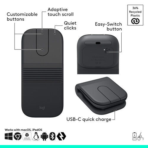 Logitech Mobi Fold Ratón Inalámbrico Bluetooth 4000 dpi Plegable USB-C