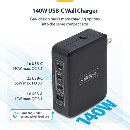 StarTech Cargador de Pared USB 4 Puertos 140W con Adaptadores Internacionales