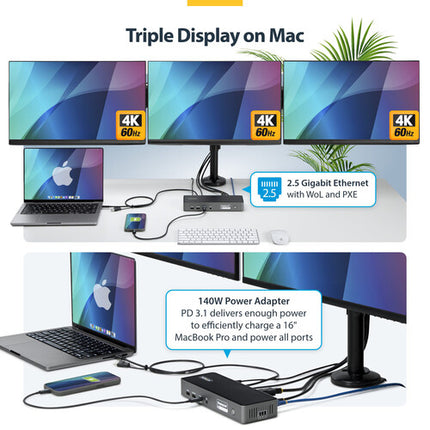 StarTech 14 en 1 estación de acoplamiento USB-C 140W PD con triple pantalla