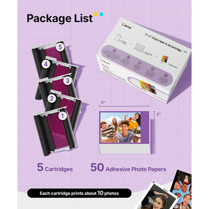 Liene Papel Fotográfico Adhesivo 2x3 50 Hojas y 5 Cartuchos para Pearl N200 Pro