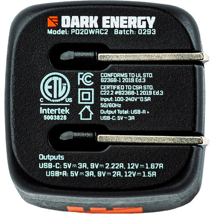 Dark Energy Adaptador de Pared USB 20W 2 Puertos USB-C PD y USB-A 18W Plegable