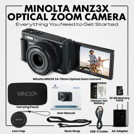 Minolta MNZ3X Cámara Digital 72MP 5K Ultra HD con Zoom Óptico 3x y Pantalla Articulada 2.8"