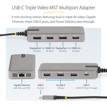 StarTech 9-en-1 Estación de Acoplamiento USB-C 100W 3 Puertos USB-A HDMI y DisplayPort